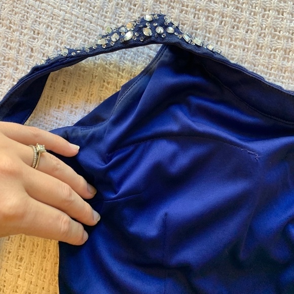 𝅺hailey Logan By Adrianna Papell Dark Blue One Strap Floor Length Gown Size 3/4 - Picture 7 of 11